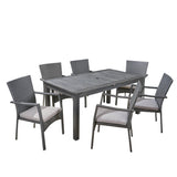 Davenport Outdoor 7 Piece Wood and Wicker Expandable Dining Set, Sandblast Dark Gray and Gray