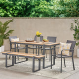 Noble House Otero Outdoor 6 Piece Aluminum Dining Set, Natural, Gray, and Dark Gray