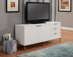 White Pearl Media Console - Contemporary Design with Gold Accents, Ample Storage & Textured Style