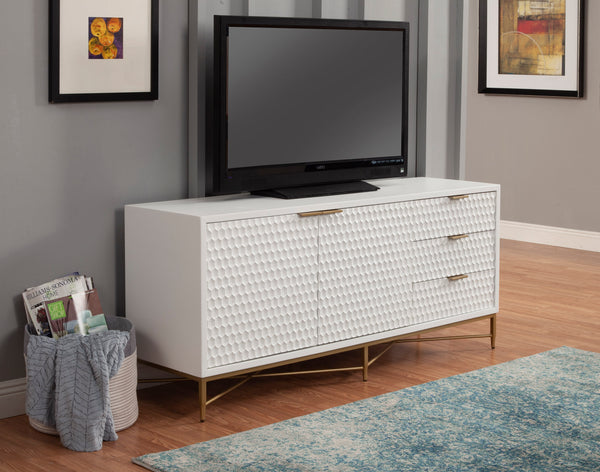 White Pearl Media Console - Contemporary Design with Gold Accents, Ample Storage & Textured Style