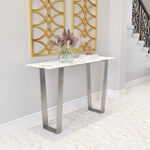Zuo Modern Atlas Composite Stone, Stainless Steel Modern Commercial Grade Console Table White, Silver Composite Stone, Stainless Steel