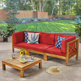 Brava Outdoor Modular Acacia Wood Sofa and Coffee Table Set with Cushions, Teak and Red Noble House