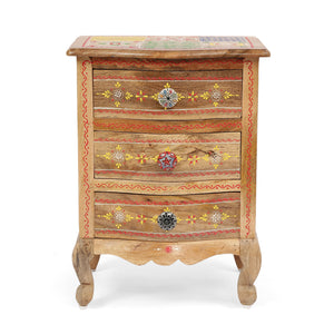 Noble House Ailey Handcrafted Boho Mango Wood 3 Drawer Nightstand, Natural and Multi-Colored