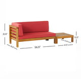 Oana Outdoor Acacia Wood Left Arm Loveseat and Coffee Table Set with Cushion, Teak and Red Noble House