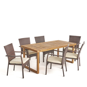 Garner Outdoor 6-Seater Acacia Wood Dining Set with Wicker Chairs, Sandblast Natural Finish and Multi Brown and Beige Noble House