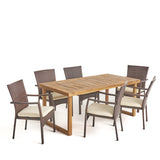 Garner Outdoor 6-Seater Acacia Wood Dining Set with Wicker Chairs