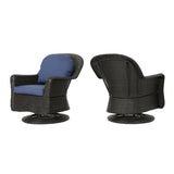 Liam Outdoor Dark Brown Wicker Swivel Club Chairs with Navy Blue Water Resistant Cushions Noble House