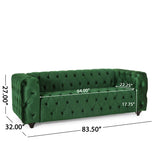 Sagewood Contemporary Velvet Tufted 3 Seater Sofa, Emerald and Espresso Noble House