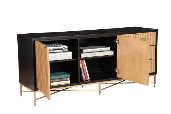 Larsen TV Console in Black & Natural - Stylish Mahogany with Gold Accents, Fully Assembled Beauty