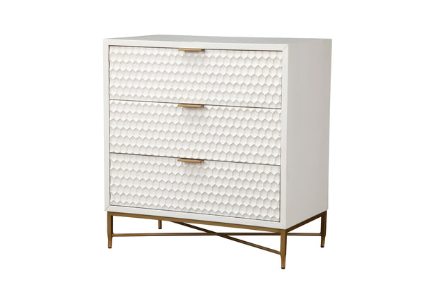 White Pearl 3 Drawer Chest - Contemporary Design with Textured Fronts & Gold Accents for Elegance