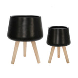 Sagebrook Home Contemporary Set of 2 -  11/15" Planter W/ Wood Legs, Matte Black 15019-01 Black Magnesia