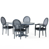 Judith French Country Wood and Cane 5-Piece Expandable Oval Dining Set, Gray and Black Noble House