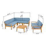 Noble House Grenada Outdoor Acacia Wood 7 Seater Sectional Sofa and Loveseat Set with Coffee Table, Teak and Blue