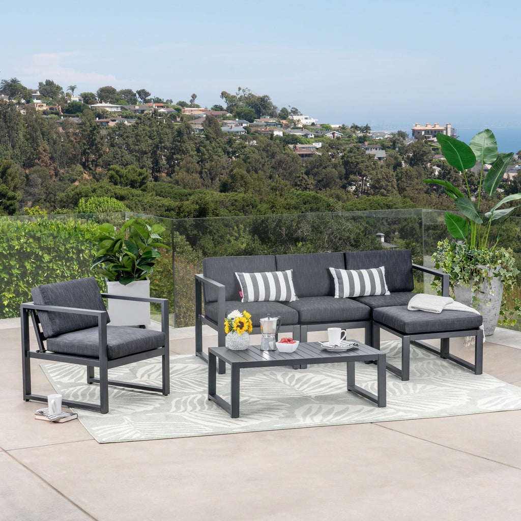 Noble House Navan Outdoor 4-Seater Aluminum Sofa Set with Ottoman and Coffee Table, Black and Dark Gray