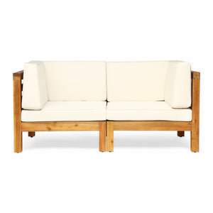 Oana Outdoor Modular Acacia Wood Loveseat with Cushions, Teak and Beige Noble House