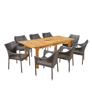 Noble House Damon Outdoor 9 Piece Wood and Wicker Expandable Dining Set, Natural and Multi Brown