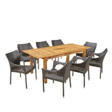 Damon Outdoor 9 Piece Wood and Wicker Expandable Dining Set