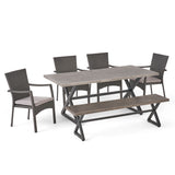 Tritan Outdoor 6 Piece Grey Aluminum Dining Set with Bench and Grey Wicker Dining Chairs with Grey Water Resistant Cushions Noble House