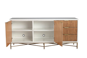 Larsen TV Console - Elegant White Mahogany with Gold Accents, Fully Assembled & Stylish Design