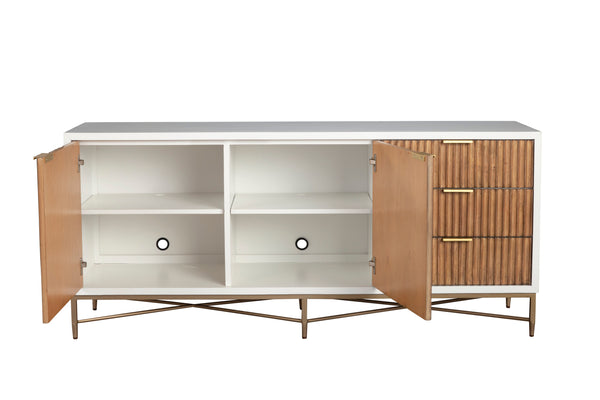 Larsen TV Console - Elegant White Mahogany with Gold Accents, Fully Assembled & Stylish Design