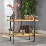 Gerard Modern Industrial 2-Tier Wood Bar Cart with Wheels, Natural and Black Noble House