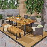 Boden Outdoor 6 Piece Dining Set with Wicker Chairs and Bench, Sandblast Teak and Multi Brown and Beige Noble House