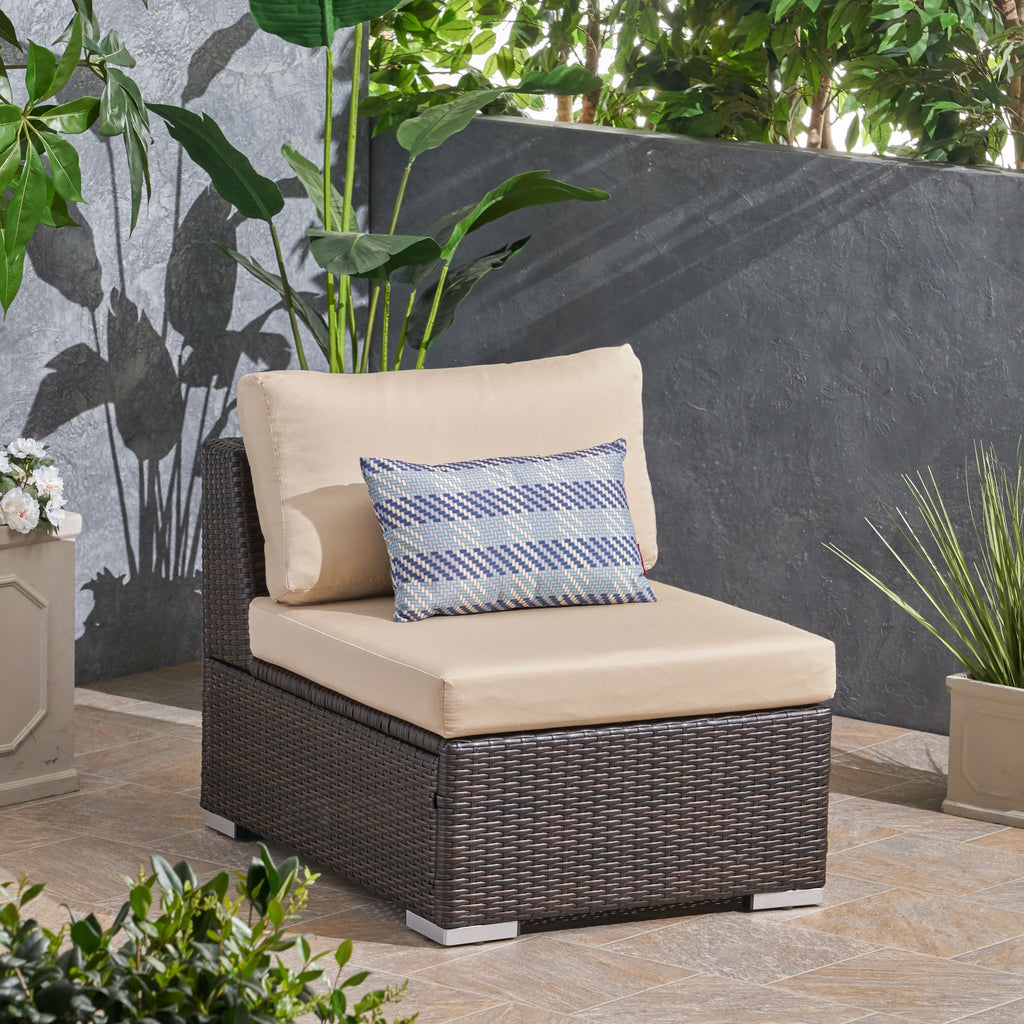 Santa Rosa Outdoor Multibrown Wicker Armless Sectional Sofa Seat with Aluminum Frame Beige Water Resistant Custions (Set of 1) Noble House
