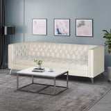 Galvin Contemporary Tufted Velvet 3 Seater Sofa, Beige and Silver Noble House