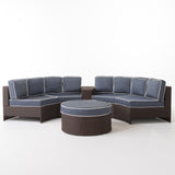 Madras Zanzibar Outdoor 4 Seater Wicker Curved Sectional Set with Ottoman, Brown and Navy Blue Noble House