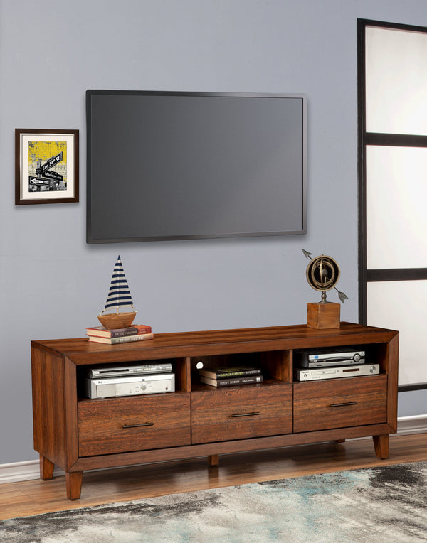 Trinidad TV Console in Toffee - Stylish Mahogany with Dovetail Drawers & Open Shelves for Storage