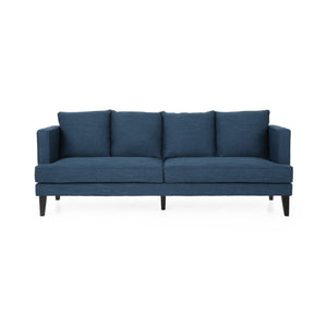 Halburge Contemporary 3 Seater Fabric Sofa, Navy Blue and Dark Brown Noble House