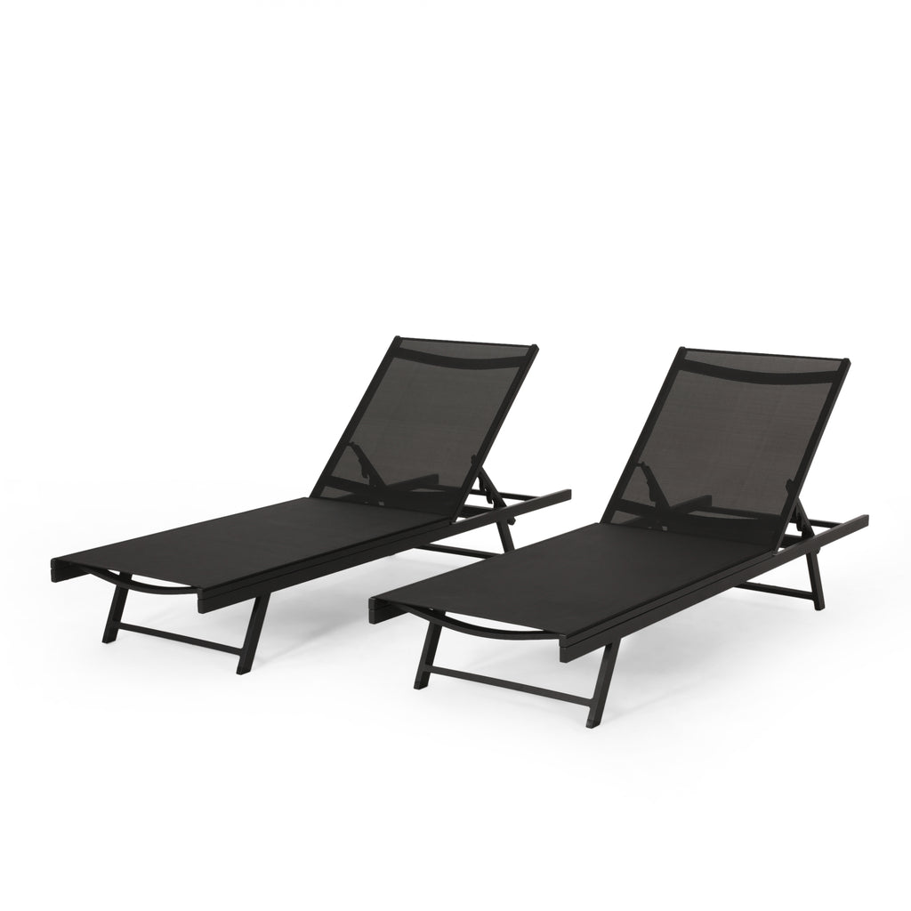 Noble House Salton Outdoor Aluminum Chaise Lounge with Mesh Seating (Set of 2), Black and Dark Gray