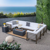 Oana Outdoor U-Shaped 8 Seater Acacia Wood Sectional Sofa Set with Fire Pit, Gray, White, and Dark Gray Noble House
