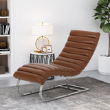 Pearsall Modern Channel Stitch Chaise Lounge, Cognac Brown and Silver  Noble House
