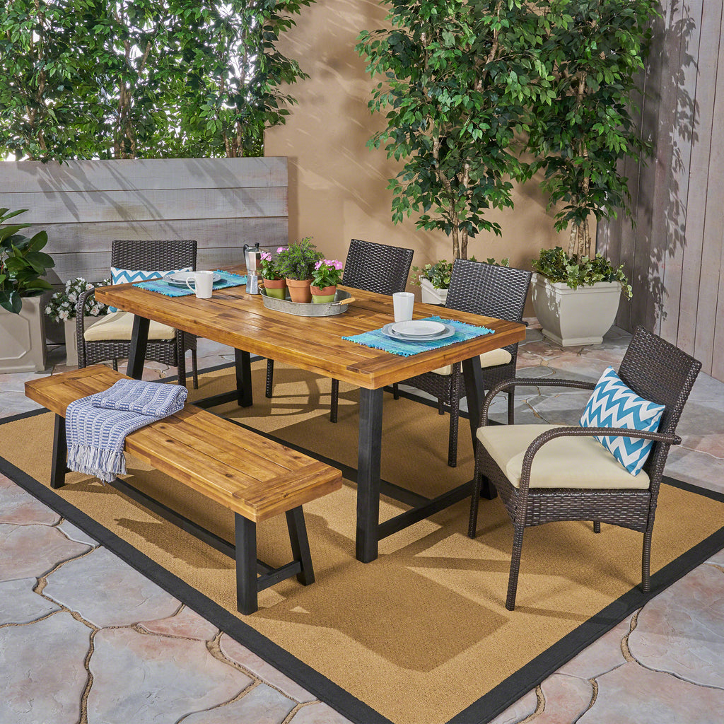 Tara Outdoor 6 Piece Dining Set with Wicker Chairs and Bench, Sandblast Teak and Multi Brown and Cream Noble House