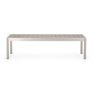 Cape Coral Outdoor Modern Aluminum Dining Bench with Faux Wood Seat, Natural and Silver Noble House