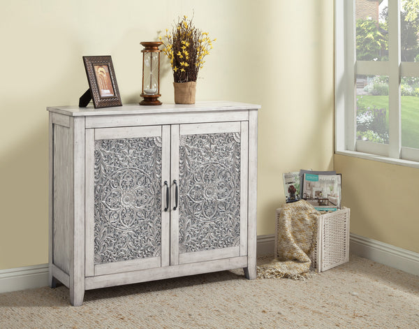 Aria 2 Door Chest - Elegant Mahogany Accent Cabinet with Weathered White Finish & Adjustable Shelf