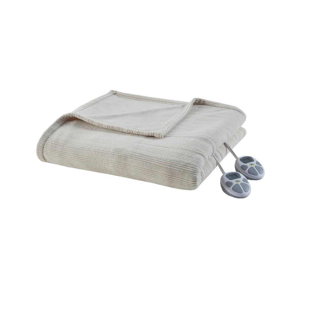 Serta Ribbed Micro Fleece Casual 100% Polyester Tri-rib Fleece Heated Blanket Tan King: 100x90" ST54-0165