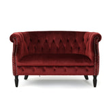 Noble House Milani Tufted Chesterfield Velvet Loveseat with Scrolled Arms, Garnet and Dark Brown