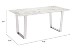 Zuo Modern Atlas Composite Stone, Stainless Steel Modern Commercial Grade Dining Table White, Silver Composite Stone, Stainless Steel