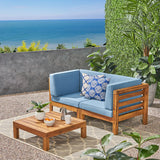 Oana Outdoor Modular Acacia Wood Loveseat and Table Set with Cushions, Teak and Blue Noble House