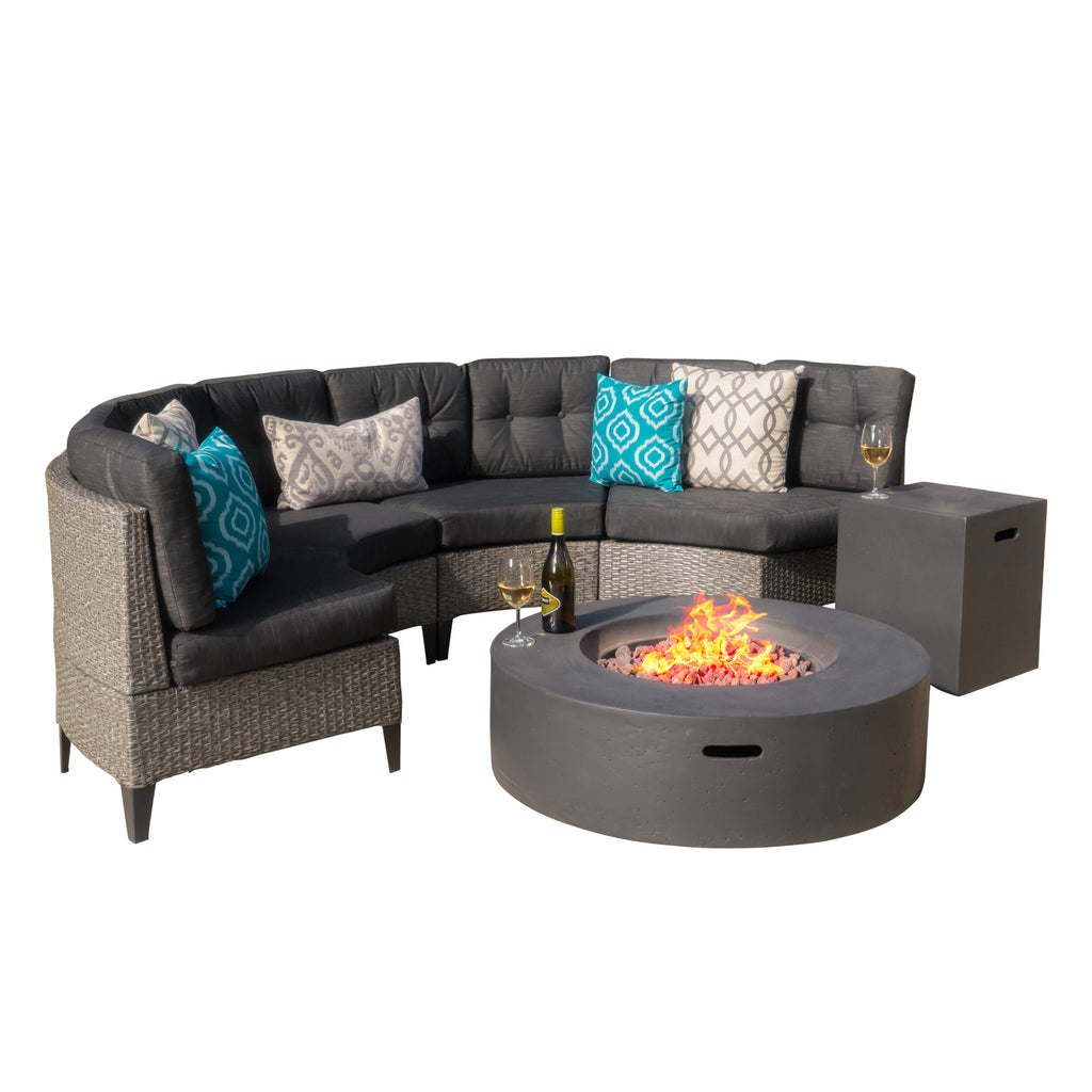 Navagio Outdoor 6 Piece Mixed Black Wicker Half Round Sofa Set with Dark Grey Fire Table Noble House
