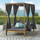 Noble House Kinzie Outdoor 2 Seater Adjustable Acacia Wood Daybed with Curtains, Teak and Dark Gray