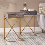 Bucyrus Rustic Glam Handcrafted Acacia Wood C-Shaped Side Tables, Dark Brown and Gold Noble House