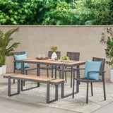 Noble House Quay Outdoor 6 Piece Aluminum Dining Set, Natural, Gray, and Dark Gray