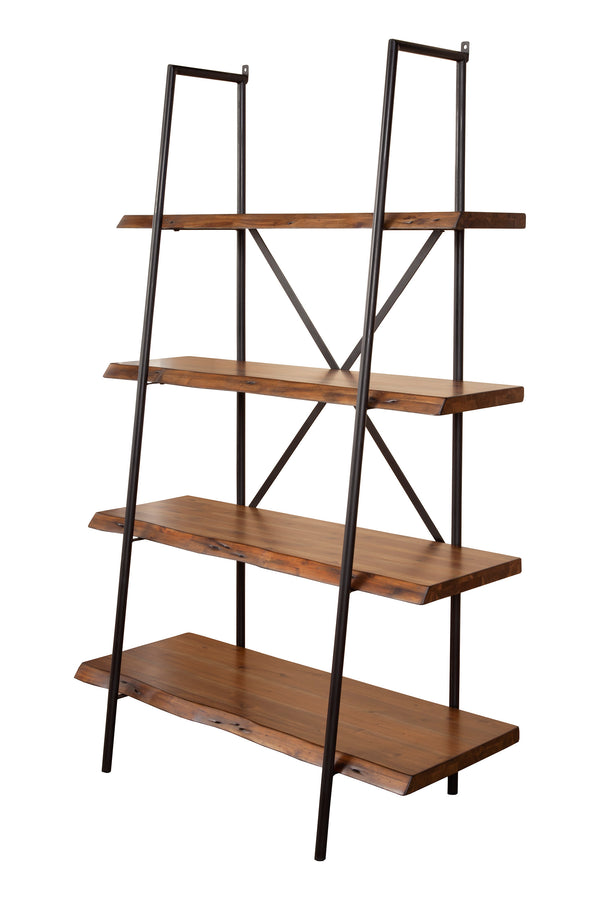 Alpine Furniture Live Edge 4 Shelf Bookshelf, Light Walnut 1968-69 Light Walnut Solid Acacia Wood with Metal Frame 48 x 21.5 x 78.5