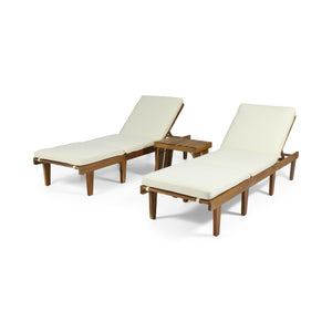 Ariana Outdoor Acacia Wood 3 Piece Chaise Lounge Set with Water-Resistant Cushions, Teak and Cream Noble House