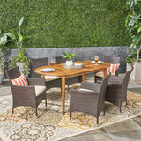 Stamford Outdoor 7-Piece Acacia Wood Dining Set with Wicker Chairs, Teak Finish And Multi Brown and Beige Noble House