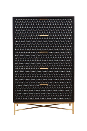 Black Pearl 5 Drawer Chest - Contemporary Mahogany Storage with Textured Fronts & Gold Accents