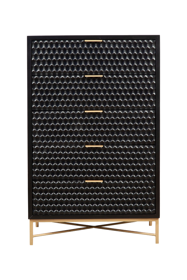 Black Pearl 5 Drawer Chest - Contemporary Mahogany Storage with Textured Fronts & Gold Accents
